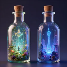 Two magical bottles, the left bottle is filled with a fantasy world, the right bottle is filled with a cyberpunk world