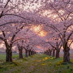 trending on artstation, beautiful cherry trees during sunset, in the style of Claude Monet