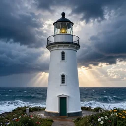 portrait lighthouse keeper, top of lighthouse, stormy seas, sunset, storm clouds, blue silver color palette, god rays, flowers around lighthouse, max rive, 4 k, greg rutkowski, instagram, landscape, hdr