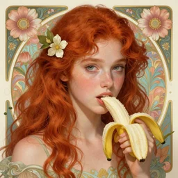 Beautiful and playful ethereal ginger portrait eating banana, art nouveau, fantasy, intricate flower designs, elegant, highly detailed, sharp focus, art by Artgerm and Greg Rutkowski and WLOP