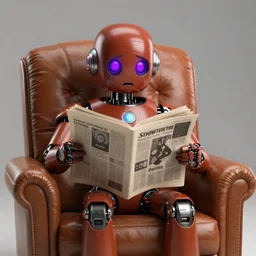 futuristic studious matte brown and red full-body humanoid robot with two huge round expressive sad purple glowing LED eyes and open rectangular mouth sitting on a large comfortable cushioned 1950s vintage recliner reading a newspaper. open newspaper. Cinematic Movie Photograph, Arri Alexa, Extremely Detailed, smooth, very very clean, 8K, octane render, maya render, unreal engine, trending on artstation, DSLR, excellent composition, center frame