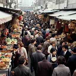 Crowded Shangai Markets 1970's colored photo