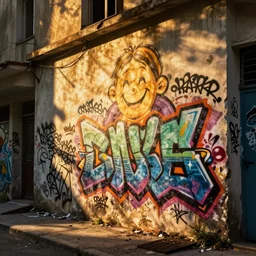 graffiti on a wall in a run down building, happy mood, cyberpunk, high detail, golden light, realistic