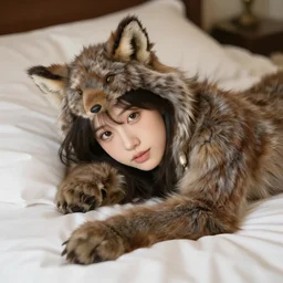 portrait furry furry girl lying on a bed
