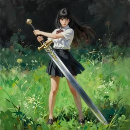 a full body portrait of a beautiful girl with a giant sword bigger than her beauty, delicate features finely detailed perfect art, green field, gapmoe yandere grimdark, trending on pixiv fanbox, painted by greg rutkowski makoto shinkai takashi takeuchi studio ghibli