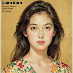 “ laura dern portrait by ikenaga yasunari and ayana otake and ko rakusui, 6 0 s poster, drawing, realistic, sharp focus, japanese, dreamy, nostalgia, faded, golden hues, floral clothes, porcelain skin ”
