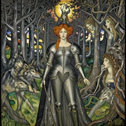 most beautiful jeanne d'arc in the style of william blake, terese nielsen, detailed, intricate, beautiful faces, wolf's den, steel immortal trees, steve argyle, triumphant fate, pastoral fantastic reality