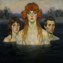 hyperrealist portrait in a river, half body, dark black water, by alphonse mucha and lucian freud and bouguereau, foggy twilight lighting, very detailed faces