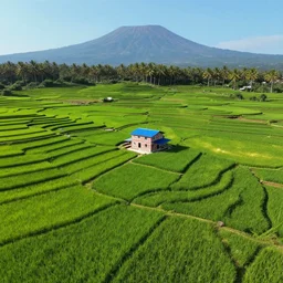 wide aerial photo of bright green rice fields on terraced mountain farm, the only small 2 stories red white brick house with blue rooftop in the middle, coconut palm vegetation in the horizon, majestic mountain and clear blue sky in the far background, dynamic lighting, raytracing effects, sony 3 5 mm f / 9