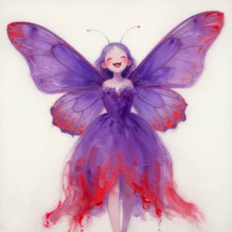 a moth humanoid painted by aya takano, superflat art, very ethereal, joy, painterly, heavy impasto, purple and scarlet colours photo  moth inspired dress, androgynous, happy, joyfull