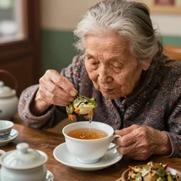 an old woman dunking a frog into her cup of tea in a tea shop realistic 3 5 mm photograph