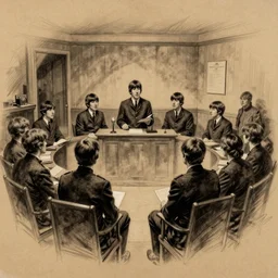 courtroom sketch of the beatles listening to verdict, charcoal on brown paper