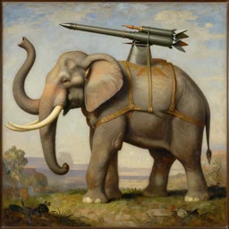 “a Hellenistic painting of Lockheed Martin designed war elephants with missiles strapped to them, virtuoso, masterpiece, 8k, Michelangelo”