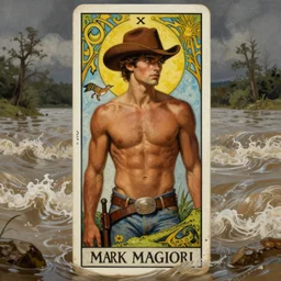 a dramatic, epic, ethereal (tarot) painting of a handsome! brown shirtless cowboy | background is a torrential flooding river | tarot card, art deco, art nouveau | by Mark Maggiori | trending on artstation
