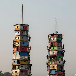 two suspending towers made up of colourful makeshift squatter shacks with people climbing over, mamiya 8 5 mm, f 1. 7, late afternoon sun, misty, uniform plain sky, fine details, photographed by julie blackmon