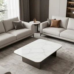 A modern living room with 2 sofas facing each other with a white marble table in the center, on the left side of the living room there is a floor to ceiling glass window that leads to the courtyard, on the right side of the living room there are wooden stairs that lead to the second floor