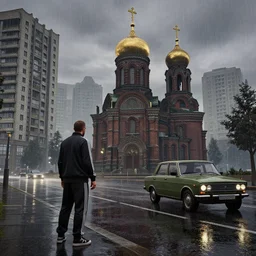 cinematic screenshot gta 5, rain, man in adidas tracksuit, churches, buildings, road, moskvich, rtx, volumetric light, 3 d artist, reflections, moscow, soviet apartment buildings, award winning, artstation, intricate details, realistic, hyperdetailed, 8 k resolution