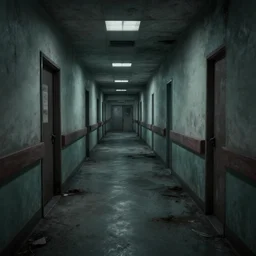 concept art of abandoned and dimly lit hospital corridor, horror movie, resident evil