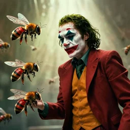 Justin Sun as the Joker being attacked by crimson bees