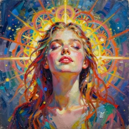 realist pop - art oil painting, impasto, portrait of a young woman, ecstacy, illumination, fibonacci fractals, vibrant colours, unframed