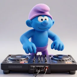 3d rendered muscular smurf  DJing with DJ turntables, unreal