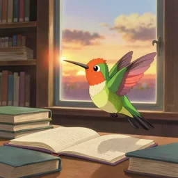 a flaming firehummingbird studying in for an exam in a library, next to a window showing a sunset studio ghibli 3 d art