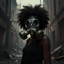 a dynamic long shot portrait of the silhouette of a black girl with an afro wearing a gas mask in a post apocalyptic alley, by simon stalenhag, dark and ominous, digital illustration, behance, rendered in unreal engine 5, rim lighting, ray tracing, 8 k, hd
