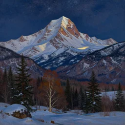 mountains, trees, beautiful nature, winter, night, stars, very detailed, focused, cinematic lighting, oil painting, colorful, canvas, artstation, Sydney Mortimer Laurence, Albert Bierstadt
