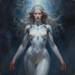 painting of a cyber mystical goddess over the abyss, highly detailed, digital painting, artstation, concept art, smooth, sharp focus, illustration, art by gabriele dell otto, 8 k
