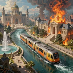 An urban train rides inside of a waterway on a fantasy city, next to a fountain and a mystical palace. By William-Adolphe Bouguerea, Jordan grimmer, fractal flame. Highly_detailded