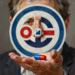 ( ( a beautiful 8 k photorealistic masterpiece oil - painting ) ( close up ) and ( zoom out ) ( of ( sociologist offering a blue and red pill ) ( logo ( circle ) ) ) ( hyperrealism ) ( 1 6 k ) ( trending on artstation )