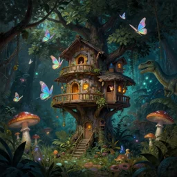a whimsical painting of a treehouse village with fairies and butterflies with iridescent wings in a jurassic garden world with dinosaurs. giant mushrooms. night time. bioluminescent glow. dark atmosphere. high contrast. pulp - science fiction art. fantasy art. highly detailed. 4 k. trending on artstation