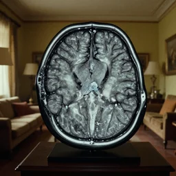 an 3 d mri imageof a brain in the living room, film still from the movie directed by denis villeneuve with art direction by salvador dali, wide lens