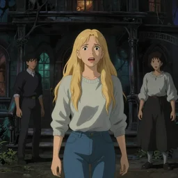portrait of a scared blonde woman exploring a spooky haunted house, long hair, sweater and jeans, film still, finely detailed features, digital painting, tankobon, studio ghibli, by ilya kuvshinov and krenz cushart and alphonse mucha and william - adolphe bouguereau