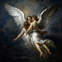 two angels going back to heaven, by gaston bussiere, epic painting, realism, artstation, big wings, night sky, octane render, sharpness, 8 k, golden ratio