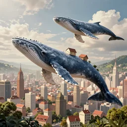 city on the back of a huge whale. the whale flies in the air above the tops of the trees. little houses on the back of a whale. empire. high detail. deharme lise. zatzka hans. aivazovsky. trending on artstation, 4 k