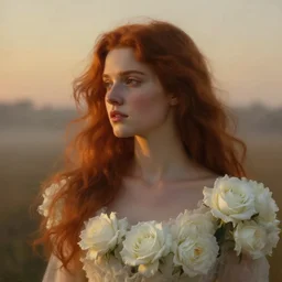oil painting close up portrait of a contemplative young irish woman with long redhead flowing hair in a dress made of white roses!! at sunset, hazy, digital art, chiaroscuro, artstation, cinematic, golden hour, digital art painting by greg rutkowski, william - adolphe bouguereau, foggy atmosphere, cinematic lighting
