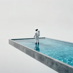 Goro Fujita, minimalistic, hyperrealistic surrealism, award winning masterpiece with incredible details, epic stunning, infinity pool, an astronaut alone inside an empty dark flooded ballroom overgrown with aquatic plants, highly detailed, trending on ArtStation, artgerm and greg rutkowski and alphonse mucha, daily deviation, IAMAG