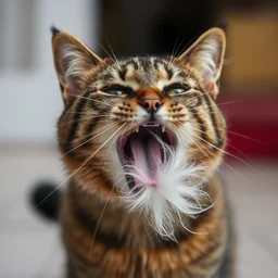 an action photograph of a cat casting fur out if it's mouth
