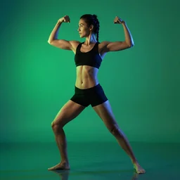 photo of natural strong model, perfect stomach, age 2 8, ( female ), water, green and blue lighting, side triceps pose, full body view, 4 k
