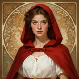 epic portrait an woman wearing white blouse with short sleeves and a red cape with a hood on, pretty face, beauty, freckles, glossy skin, bun hair, glowing eyes, digital painting, artstation, concept art, soft light, hdri, smooth, sharp focus, illustration, fantasy, intricate, elegant, highly detailed, D&D, matte painting, in the style of Greg Rutkowski and Alphonse Mucha and artemisia, 8k, highly detailed, jurgens, rutkowski, bouguereau, pastoral, rustic, georgic