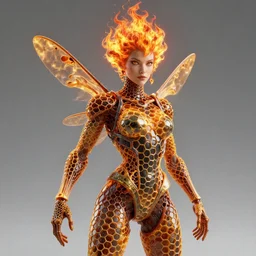 queen wasp woman with flaming hair, honeycomb structure, octane render, unreal engine, 8 k,
