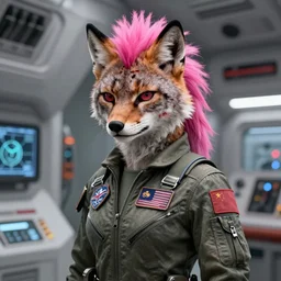 black anthro - lynx, human with head of lynx, pink mohawk hair, facial scar, wearing patched flight suit, on the nostromo, trending on artstation,