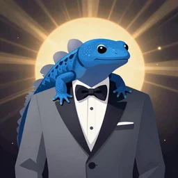 blue salamander newt in a grey tuxedo, bowtie, app icon, character portrait, vector art
