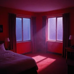 famous photo artist interior photography, shadowrun, cassette futurism, cosmic psychedelic horror, hotel room painted red, everything is painted violet, wide open window harsh light, liminal space, atmospheric haze, film. film still, 1 6 mm cinematography