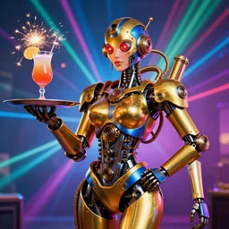 portrait photo of a huge golden and blue metal humanoid steampunk robot female waitress with a human face holding big cocktails with sparklers on a tray and gears and tubes, eyes are glowing red lightbulbs, shiny crisp finish, 3 d render, 8 k, insaneley detailed, fluorescent colors, background is multicolored lasershow