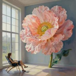 closeup, gigantic flower head, woman sitting on lounge chair by a tall window, surreal photography, studio light, impressionist painting, digital painting, artstation, simon stalenhag