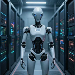 symmetrical anthropomorphic android working in sci - fi data center room. cinematic shot from alien isolation