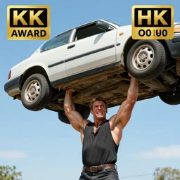paranormal ultra strong man lifting a car, 1 0 0 mm, award winning, daylight, 8 k, uhd, blue sky
