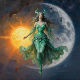 a powerful jade witch floats on a horizon divided by her, the background is torn between the sun and the moon, in the background you can see the milky way. by Daniel F. Gerhartz, hyperrealistic oil painting, 4k, studio lightning, baroque